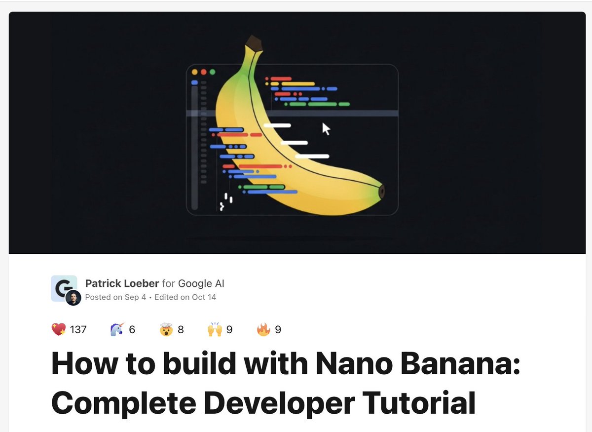 patloeber's tweet image. 🍌I've updated my Nano Banana developer guide and included the new features:
- use the GA model string
- control aspect ratio
- set image-only outputs
happy building!