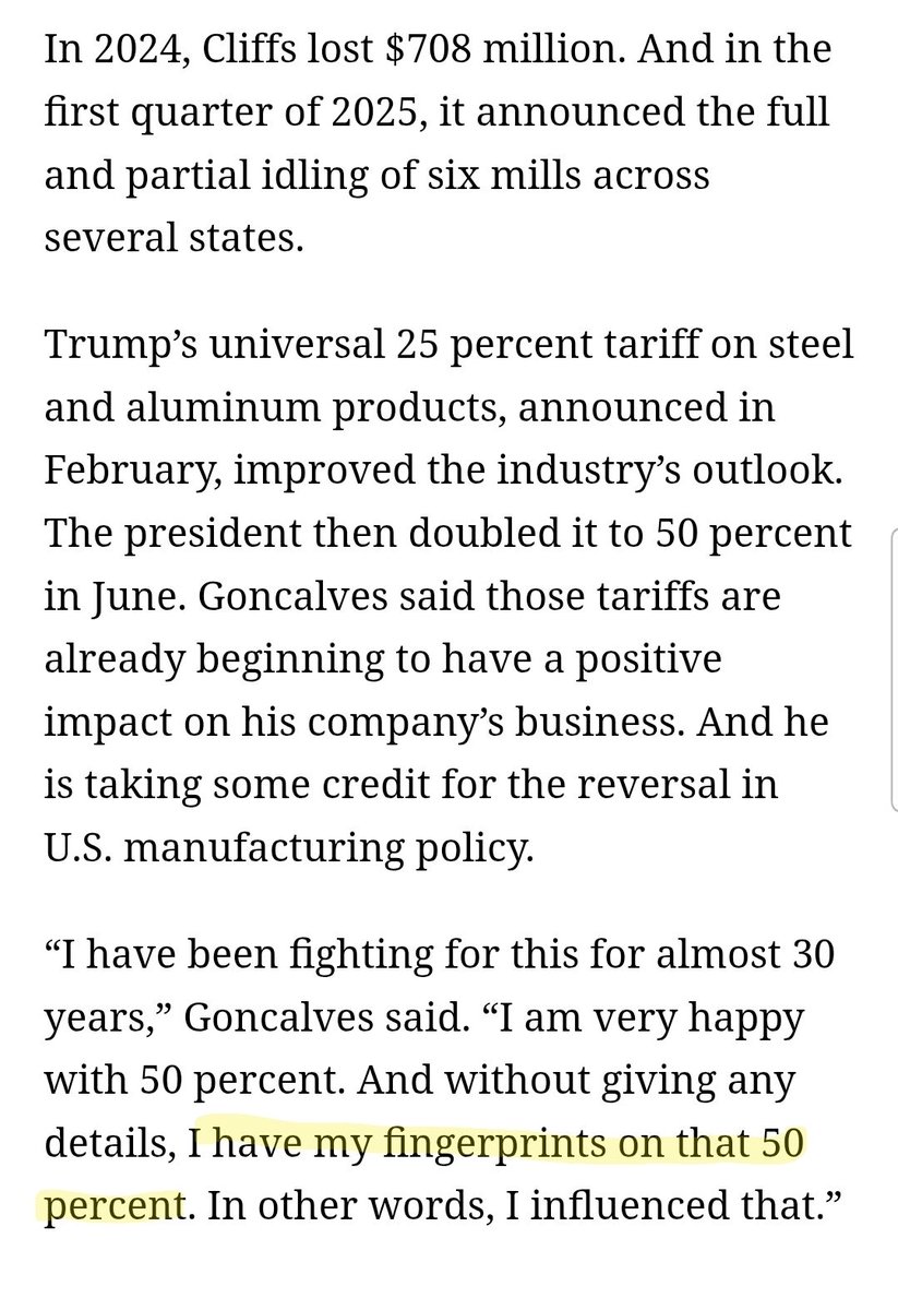 scottlincicome's tweet image. CEO of US steel giant Cleveland Cliffs: &quot;I am very happy with 50 percent [tariffs]. And without giving any details, I have my fingerprints on that 50 percent. In other words, I influenced that.&quot;

Same as it ever was. 
 share.google/AWG0MKZC9c4TV3…