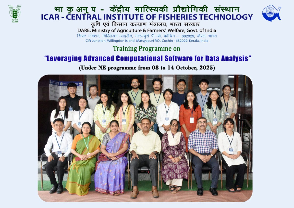 icarcift's tweet image. ICAR–CIFT, Kochi successfully concluded its 5-day national training on “Leveraging Advanced Computational Software for Data Analysis” under the North East Programme.
💻 17 NE research scholars trained in R, Python & Deep Learning tools.
#ICARCIFT #Python #R #DeepLearning