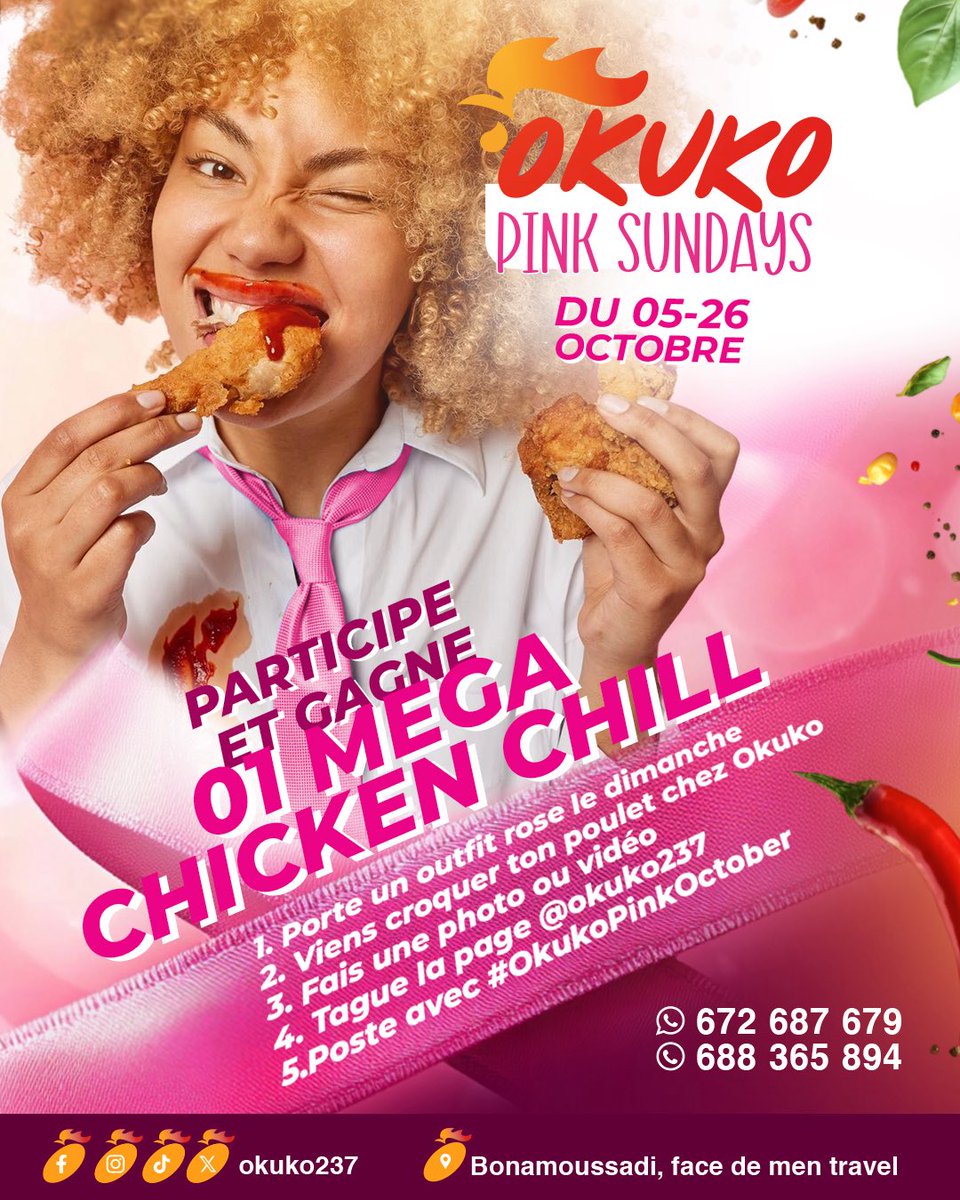 okuko237's tweet photo. 🍗🔥 Addict au poulet ? Dis NON au cancer du sein 💗👩🏾 !
Chaque dimanche d’octobre : porte du rose, viens chez OKUKO, poste ta photo avec #OkukoPinkOctober, tague @okuko237 + 2 amis.
👉🏾 Mega Chicken Chill à gagner 🎉
Challenge jusqu’au 26/10/25 ✊🏾
#ChickenAddict #OkukoPinkOctober https://t.co/sPvBnZI7AL