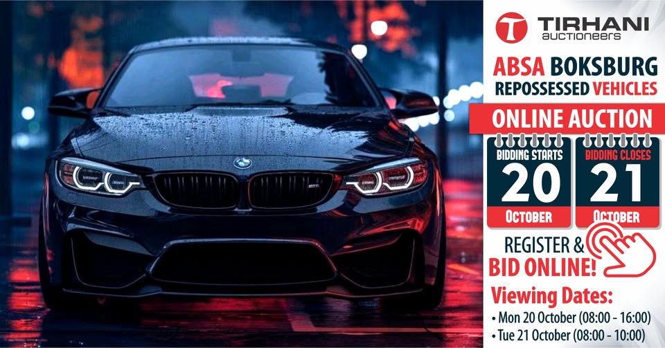 ABSA ONLINE VEHICLE AUCTION – BOKSBURG| 20 – 21 OCT 2025 | bit.ly/4mXWG5P
Secure Pre-Approved Bank Finance, contact Lizette Muller: +27 72 105 8379
typecard.com/af8b12b3
Auth. FSP34936