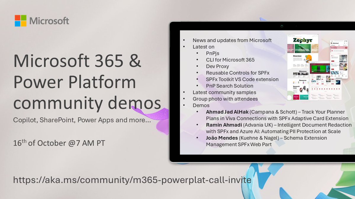 SharePoint's tweet image. 📅 Agenda for the #Microsoft365 & #PowerPlatform community demos call 16th of Oct
• The latest updates ⚡
• Focus this time on #SPFx and #AzureAI
• Presented by Ahmad Jad AlHak, @raminahmadi1986 and @joaojmendes
+more! 🚀
👋 Get the invite → msft.it/6010s23ku