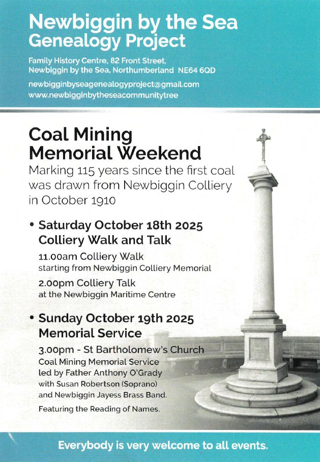 The Newbiggin by the sea Genealogy Project have organised a Coal Mining Memorial Weekend!

Please see poster details.

#newbigginbythesea