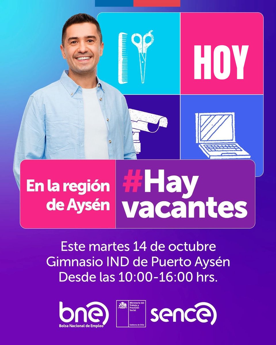 📍#PuertoAysén #HOY #HOY #HOY 
Te esperamos en la #FeriaLaboral <a href="/SenceAysen/">Sence Aysen</a> donde hay más de 200 ofertas laborales!  

#HayVacantes