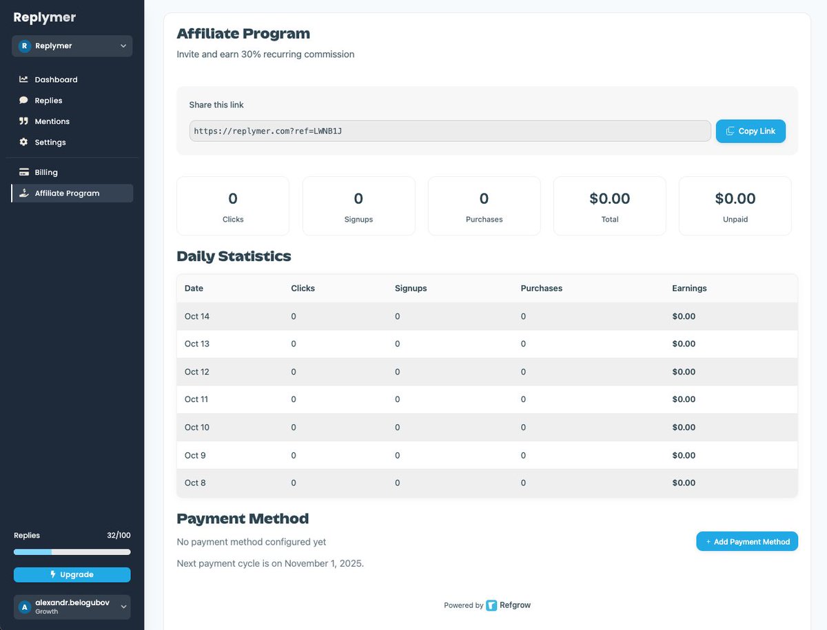 Of course, I added an affiliate program to <a href="/replymer/">Replymer</a> .

I did it in 3 minutes with <a href="/refgrow_com/">Refgrow</a>.