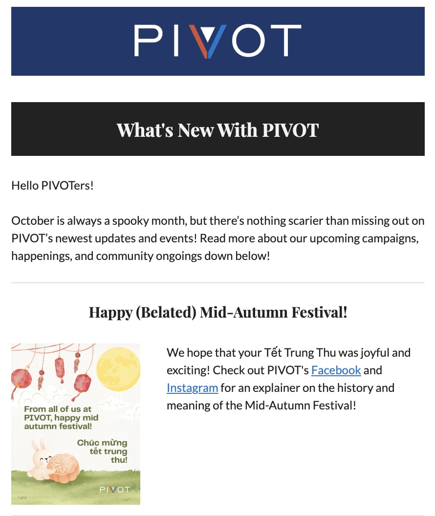 ‼️ MONTHLY NEWSLETTER ALERT ‼️

Our October newsletter has been sent out! Make sure to check your inboxes to get the latest PIVOT news and updates. View the newsletter at bit.ly/PIVOT-octnews2….

Not subscribed? Sign up now at bit.ly/pivot-mailingl…!