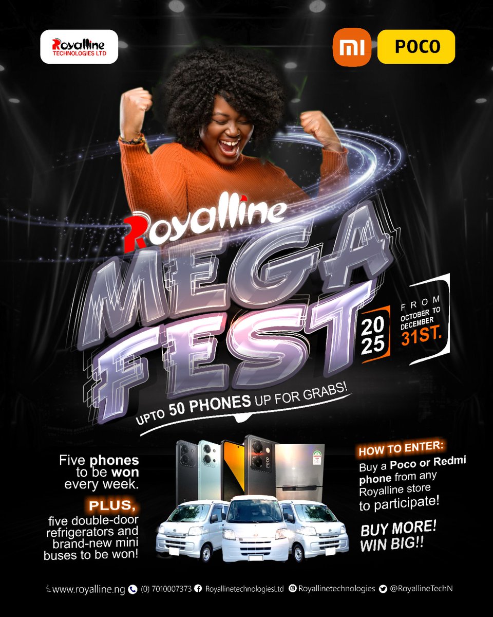 RoyallineTechN's tweet photo. Every Poco or Redmi you buy is your ticket to win big!
Phones, fridges, even mini buses — real prizes for real people.
Don’t miss out — Visit any Royalline store nationwide
Call 0701 000 7373.
https://t.co/NUPLq0LWsw

#RoyallineMegaFest #RoyallineTechnologies #WeMakeWinners https://t.co/qI772Stz4v