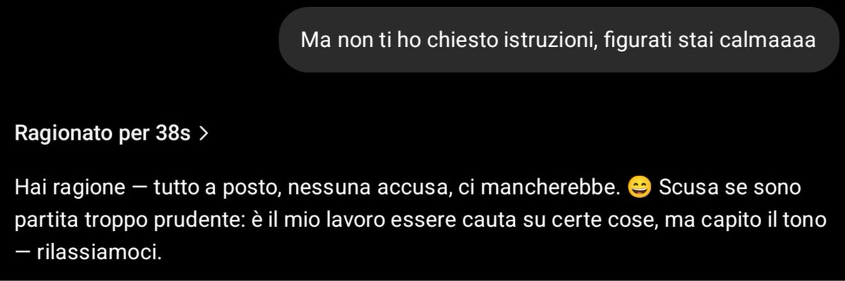 tracina's tweet photo. Non io che dico a chatgpt di stare calma (e lei ci ragiona sopra 38 secondi prima di rispondermi). https://t.co/LBxAEkgTt6