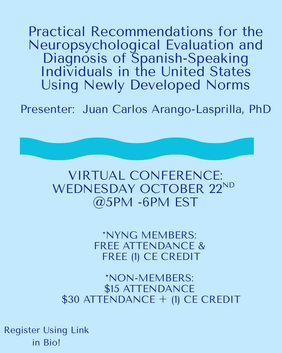 Join us on 10/22 for a virtual conference on Practical Recommendations for the Neuropsychological Evaluation and Diagnosis of Spanish-Speaking Individuals in the United States Using Newly Developed Norms with Juan Carlos Arango-Lasprilla, PhD!

**1 CE credit **