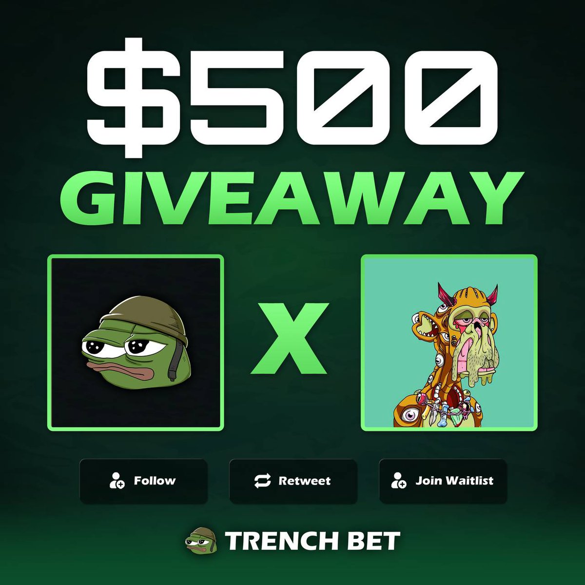 $500 Giveaway (5 winners)

Follow <a href="/trenchbet/">TRENCH BET</a>
Like &amp; RT
Drop SOL address
Sign up (trenchbet.com/r/shmoonft) (show proof)