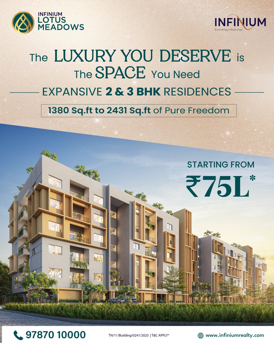 infinium_realty's tweet image. Step into a world where luxury meets unparalleled space. ✨ 

Infinium Lotus Meadows offers expansive 2 &amp;amp; 3 BHK residences. 

Your dream home, starting from ₹75L* is waiting!

#InfiniumLotusMeadows #Coimbatore #SpaciousHomes #InvestInLuxury