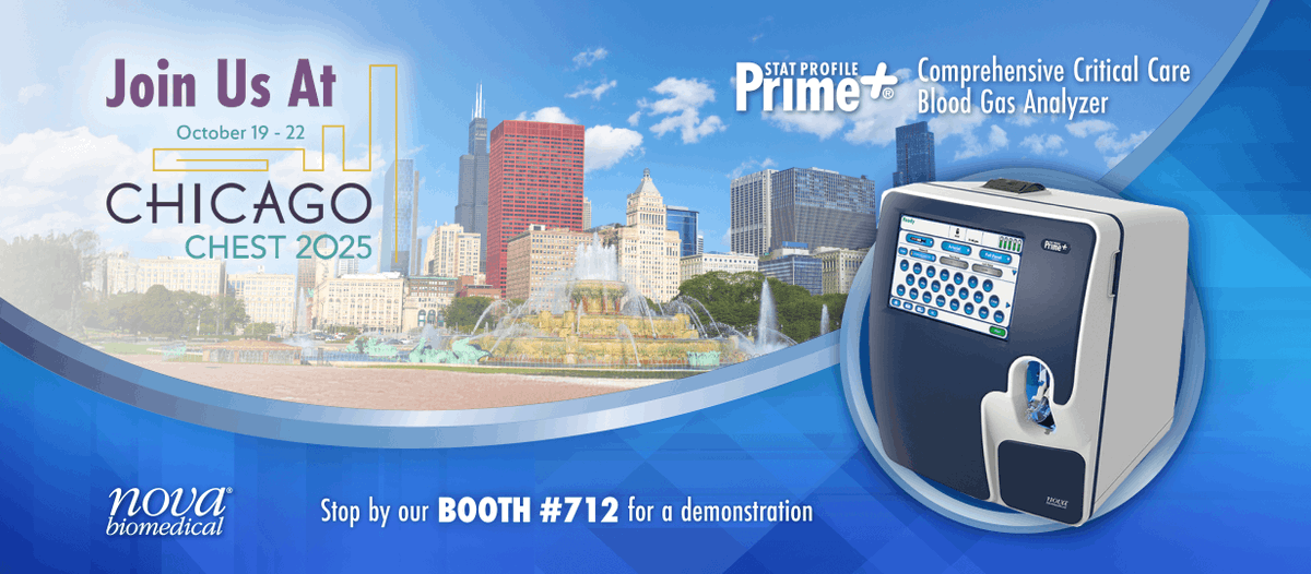BiomedicalNova's tweet photo. @accpchest 2025 Oct 19-22 in Chicago celebrates 90 years of advancements in pulmonary and critical care. Visit Nova Biomedical booth 712 to explore whole blood diagnostics with the Stat Profile Prime Plus® critical care analyzer. #CHEST2025 https://t.co/xyR7wntEdV