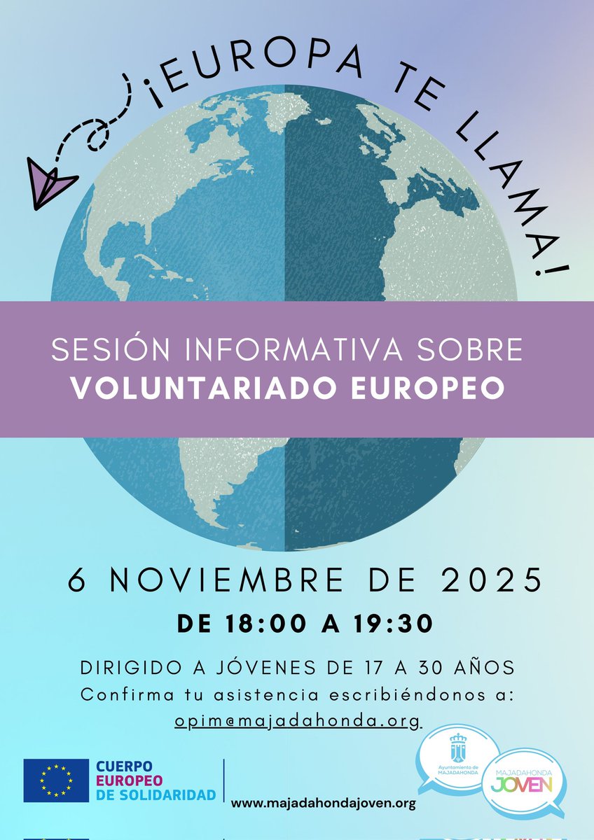 majadajoven's tweet image. ¿Quieres realizar un #voluntariado en otro país de #Europa? ¡Ven a informarte al Centro Juvenil!

📅6 de noviembre
🕒De 18:00 a 19:30
👥Dirigido a jóvenes de 17 a 30 años
📩Confirma tu asistencia escribiéndonos a: opim@majadahonda.org

ℹ️majadahondajoven.org
