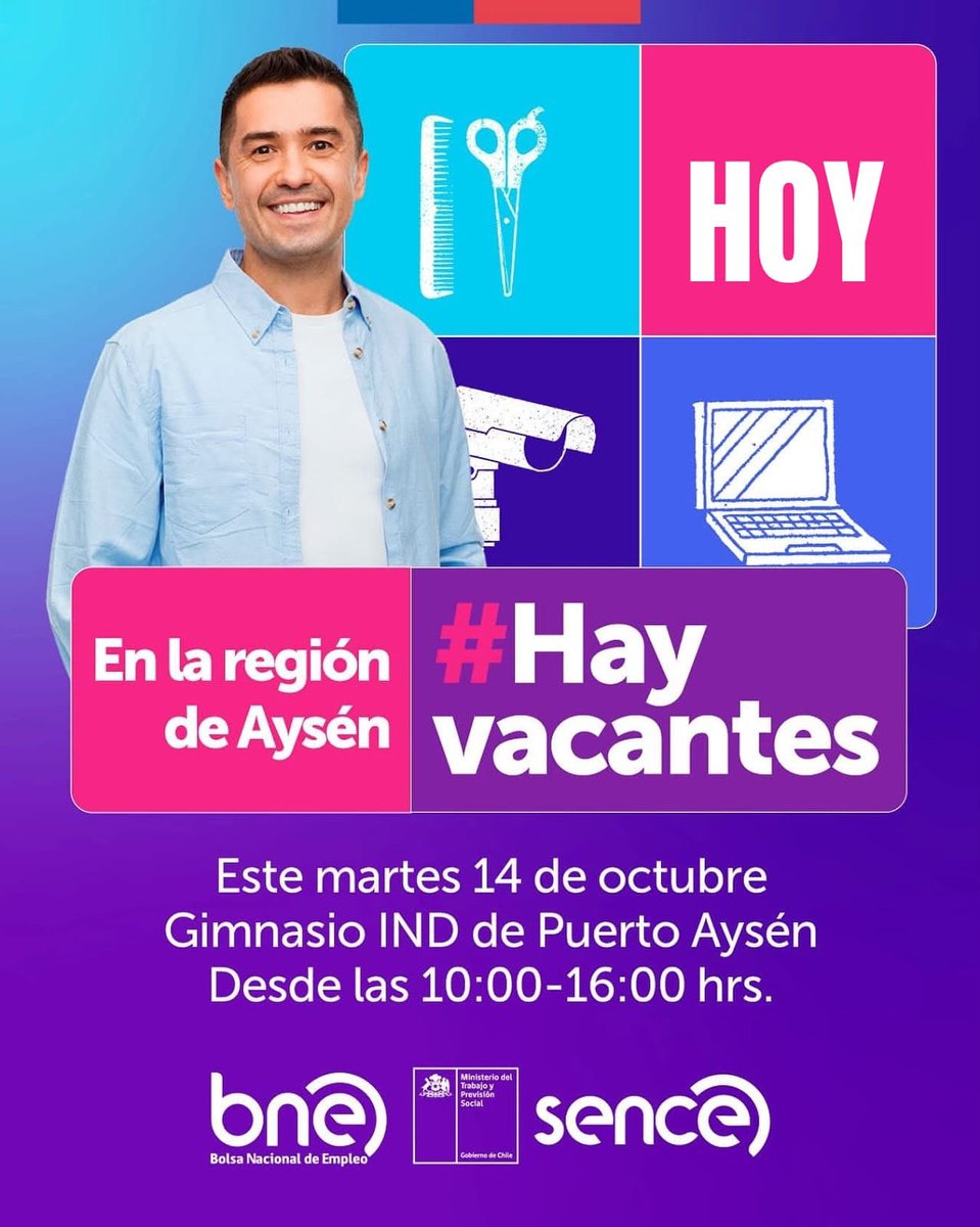 HOY ES EL
📆 Hoy martes 14
⏰ 10:00 horas
📍 Gimnasio del IND, frente a la Plaza de Armas de Puerto Aysén

¡Más de 200 ofertas laborales disponibles en diferentes rubros! 🌟

¡No te pierdas la oportunidad de encontrar tu próximo empleo! 💼👔 ¡Te esperamos! #HayVacantes