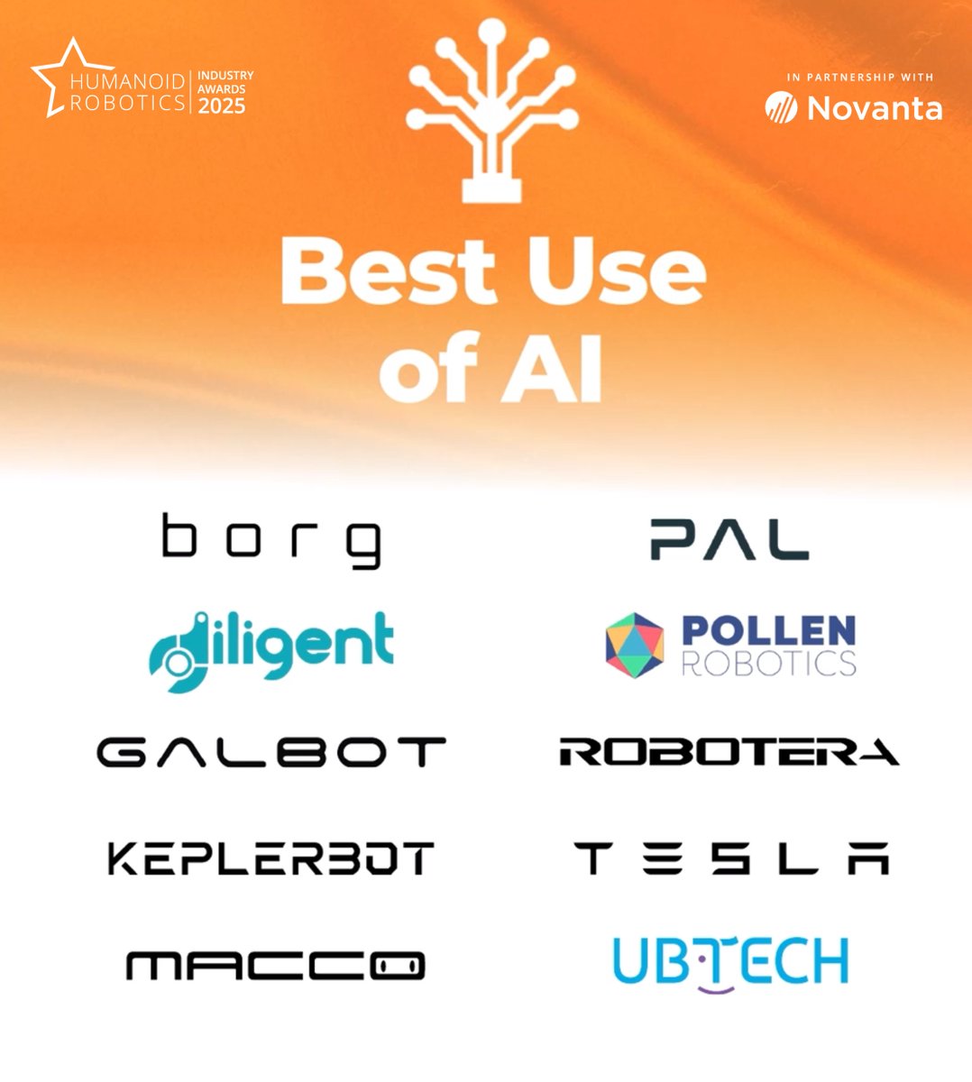 HumanoidRTech's tweet image. Congratulations to the 10 finalists in the Best Use of AI category in our Humanoid Robotics Industry Awards 2025:
⭐ @borgrobotic
⭐ Diligent Robotics
⭐ @GalbotRobotics
⭐ Kepler Robotics
⭐ Macco
⭐ @PALRobotics
⭐ @pollenrobotics
⭐ @roboterax
⭐ @Tesla
⭐ @UBTECHRobotics