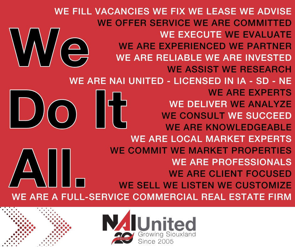 NAIUnited's tweet image. From finding the perfect property to closing the deal—NAI United does it all! As your full-service commercial real estate team, we&apos;re here to make your next move seamless and successful. How can we help you today? #NAIUnited #CommercialRealEstate #WeDoItAll