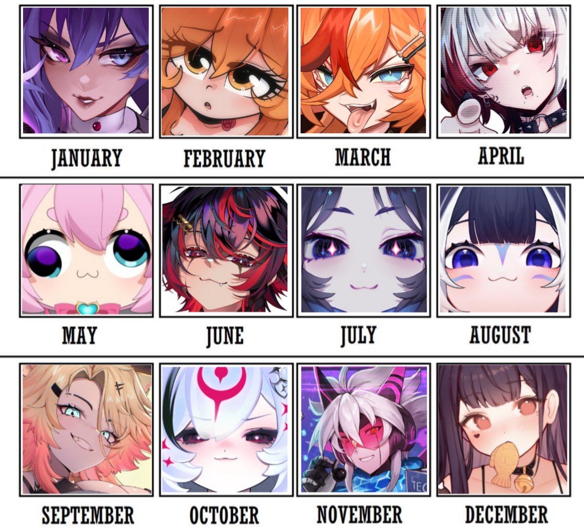 K9KUROVAXX's tweet image. Your month = the vtuber you have to fight against
(Once again inspired by the gooners @ShylilyVirus and @BuffPupVirus)