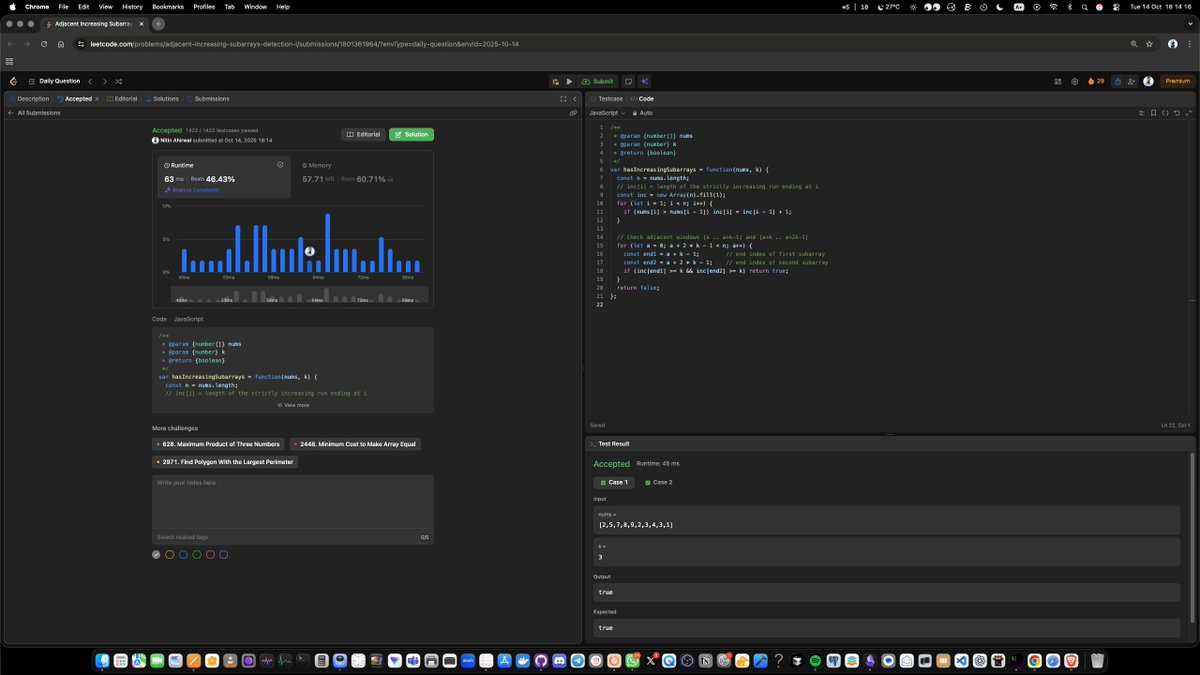 nitinahirwal_in's tweet photo. 🚀 Day 29 of my #LeetCodeChallenge

Ever wondered how to detect two adjacent strictly increasing subarrays of length k? 🤔
That’s today’s problem:
 3349. Adjacent Increasing Subarrays Detection I 🔎
🧩 Approach
  -  Precompute inc[i] = length of increasing run ending at i.
  -  A subarray [a..a+k-1] is valid if inc[a+k-1] ≥ k.
  -  Just check two consecutive windows [a..a+k-1] & [a+k..a+2k-1].

⚡ Complexity
O(n) time, O(n) space.

✨ Takeaways
Precomputing run lengths is super handy for sequence checks — avoids re-checking every subarray 👌

Day 29 done ✅ streak continues 🚀
👉 Full write-up + JS solution:
 https://t.co/65ADq6FhTz