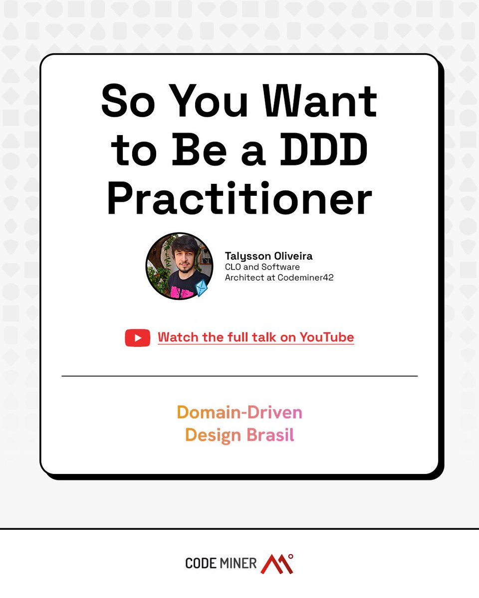 Missed it live? Now you can watch it anytime! 💎

At DDD Brasil 2025, our CLO &amp; Software Architect, Talysson de Oliveira, shared the talk “So You Want to Be a DDD Practitioner?”

📺 Watch the full recording here: bit.ly/48YPqTZ 

#Codeminer42 #DDD #DomainDrivenDesign