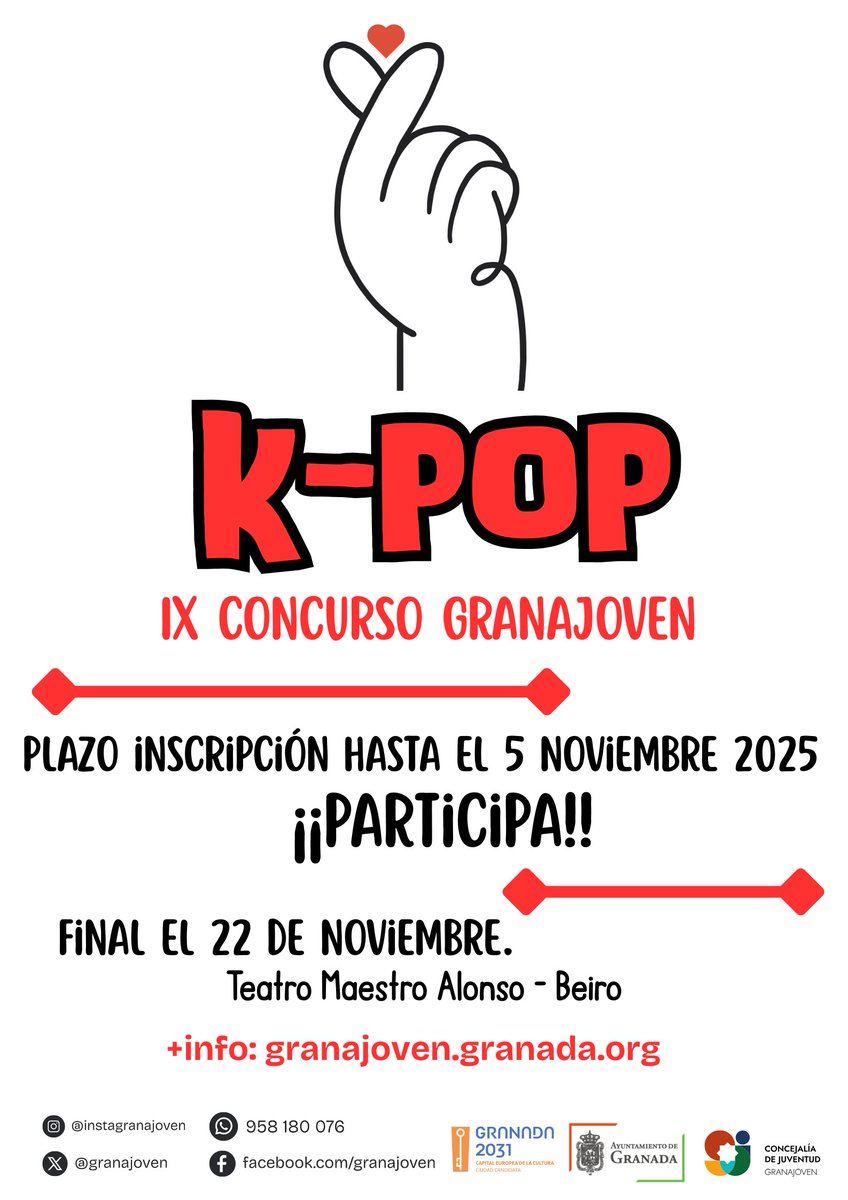 ¡Vuelve el concurso de KPOP más esperado por la juventud en 2025! 
¿Tienes talento para el baile KPOP? ¡Esta es tu oportunidad!
Inscripciones abiertas hasta el 5 de noviembre
+Info: granajoven.granada.org

<a href="/aytogr/">Ayuntamiento de Granada</a> <a href="/2031Granada/">2031 Granada</a>  #kpop #granajoven #juventud #talentojoven