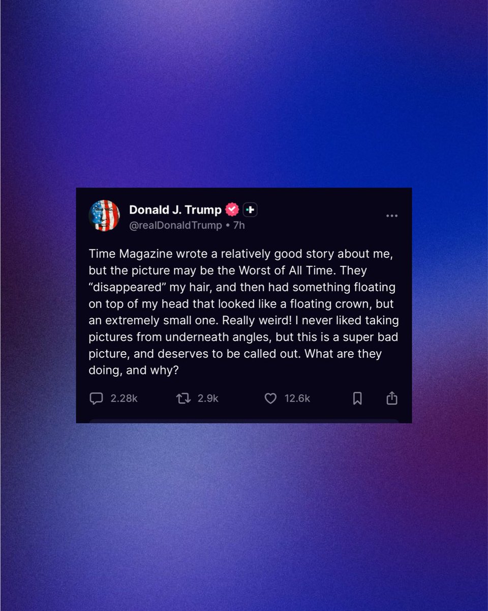 PopBase's tweet image. Donald Trump says his TIME Magazine cover may be the “worst picture of all time”:

“They “disappeared” my hair… I never liked taking pictures from underneath angles, but this is a super bad picture, and deserves to be called out.”