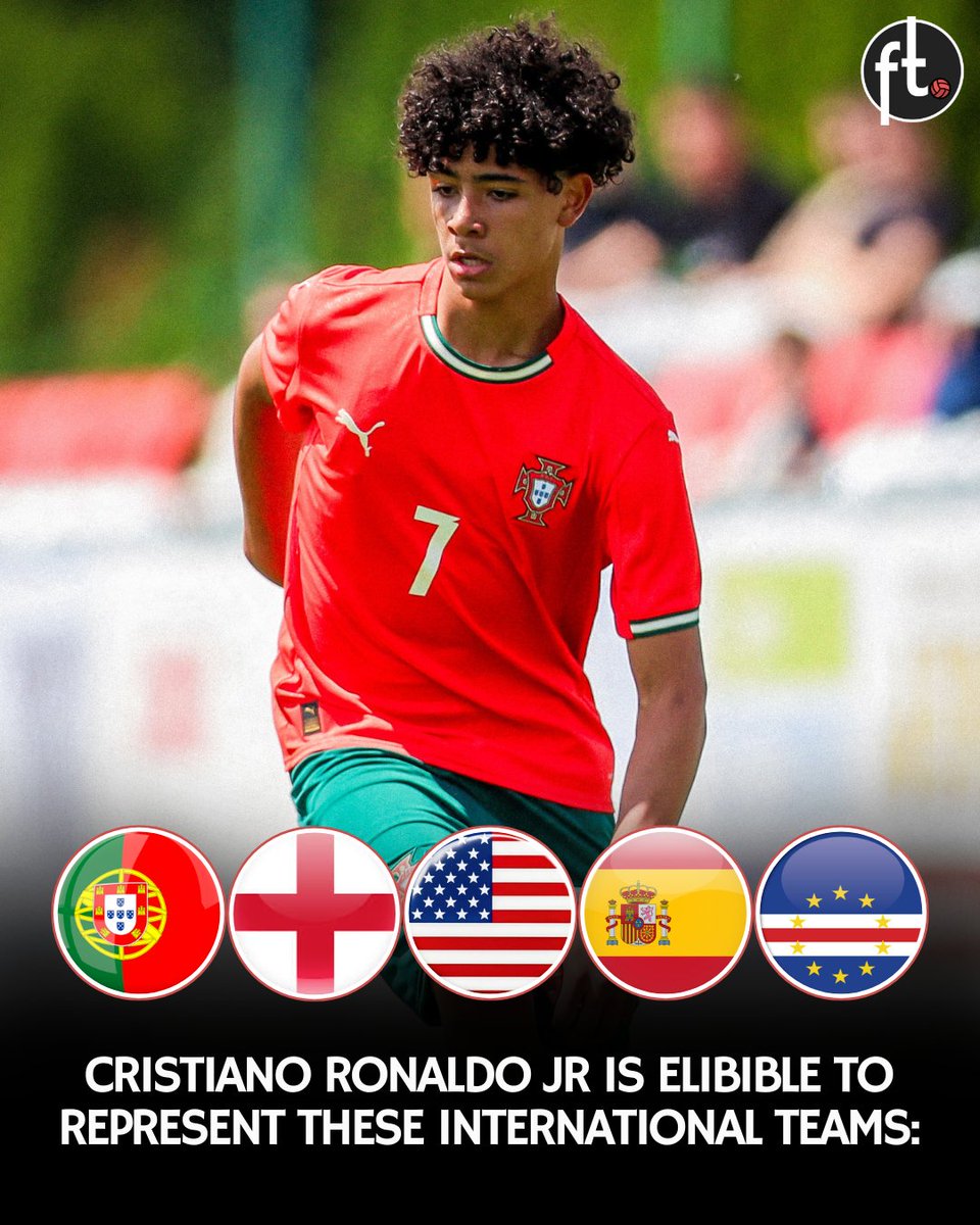 😳 Cristiano Ronaldo Jr is eligible to represent these 5 countries in International Football:

🇵🇹 Portugal (father's nationality)
🇺🇸 USA (birthplace)
🏴󠁧󠁢󠁥󠁮󠁧󠁿 England (lived 5+ years)
🇪🇸 Spain (lived 3+ years before age 10)
🇨🇻 Cape Verde (family heritage)