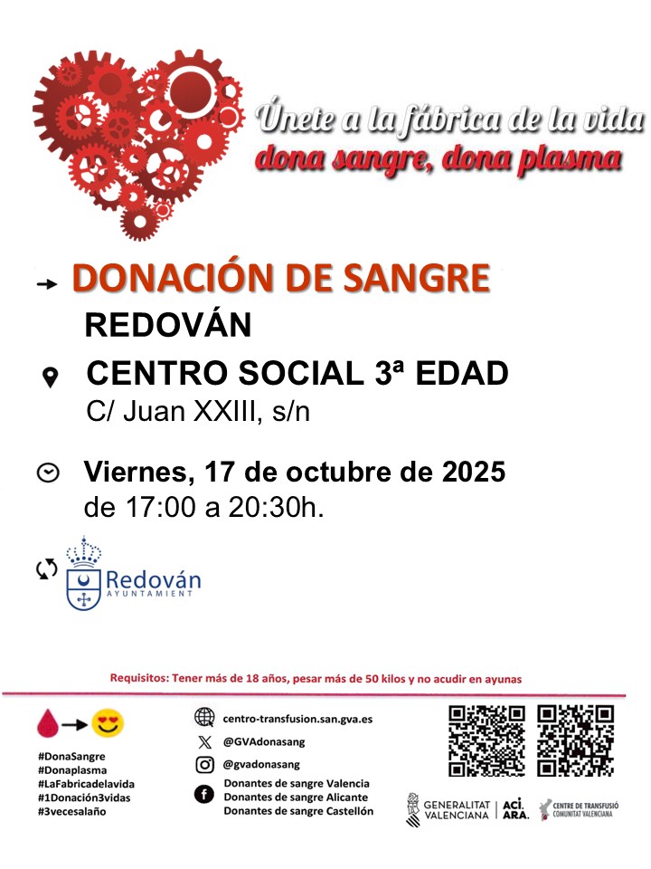 ✅ Dona sangre este 📆 VIERNES 17 de octubre en #Redován.

Acércate al Centro Social de la 3ª Edad de 🕐 17.00 a 20.30 horas y ayuda a las personas que lo necesitan.

<a href="/GVAdonasang/">GVA Dona Sang</a> 

#RedovánSeViveRedovánSeSiente