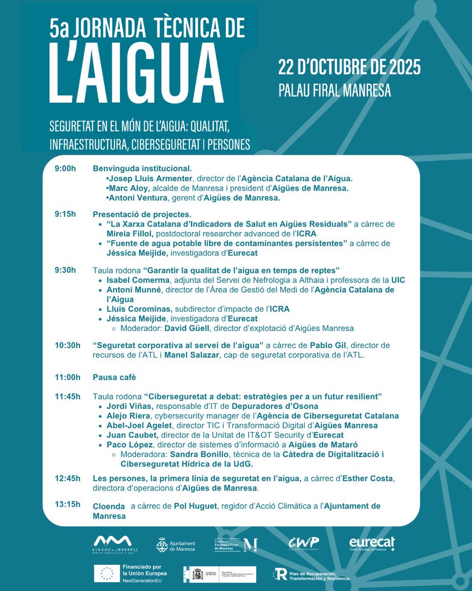 💧 5a Jornada Tècnica de l'Aigua

L'edició d'enguany comptarà amb un programa que busca mostrar idees i propostes sobre la seguretat en el món de l'aigua: Qualitat, Infraestructures, Ciberseguretat i Persones.

🗓 22 d'octubre | ⏰ 9–13 h
📍 Palau Firal
📥 ecoviure.cat