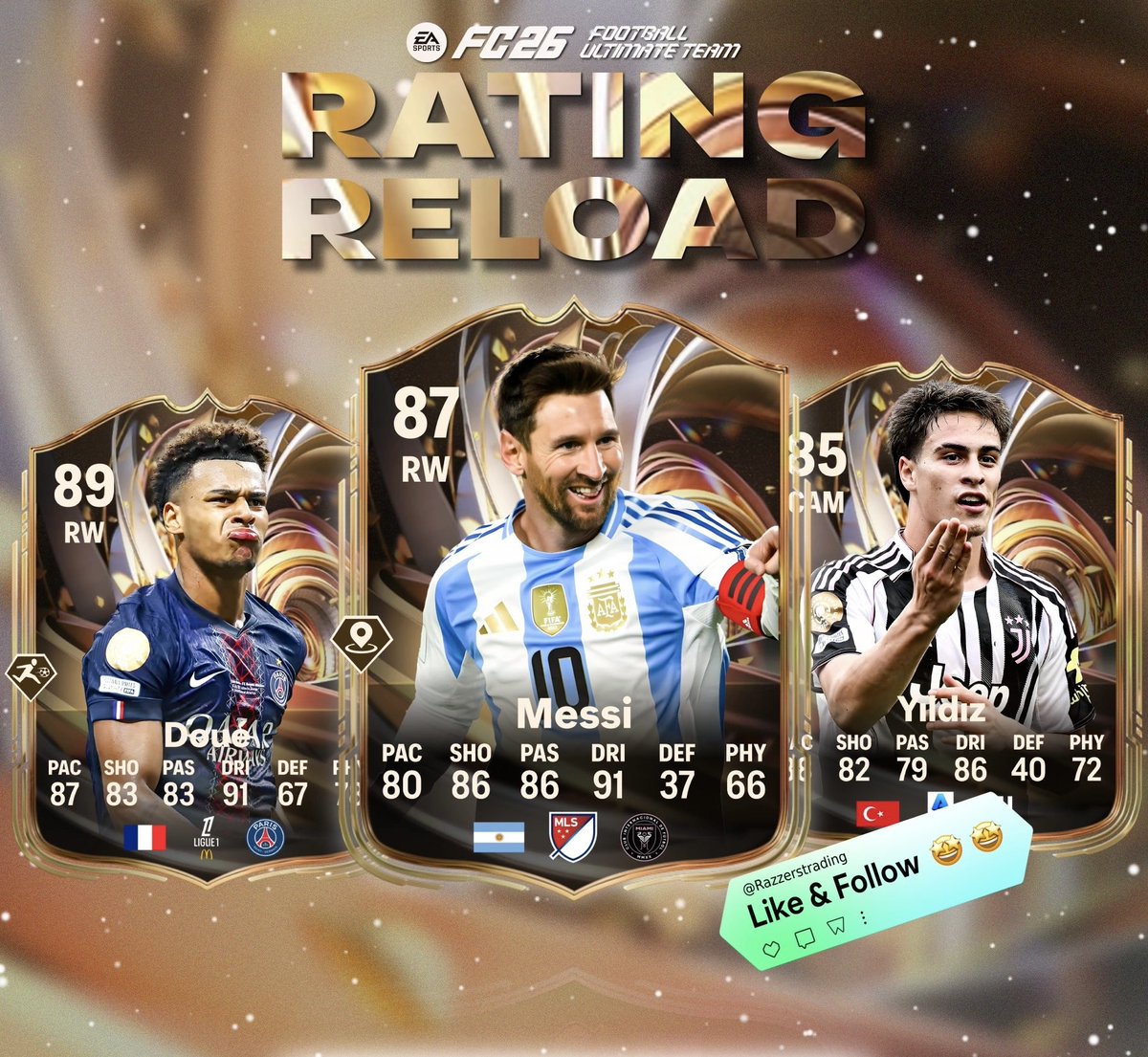 Razzerstrading's tweet image. 🚨 Leaked Ratings Reload Confirmed ✅

• Messi 🇦🇷 
• Doue 🇫🇷 
• Yildiz 🇹🇷 

No One Voted For a Messi Upgrade? 😭
#eafc