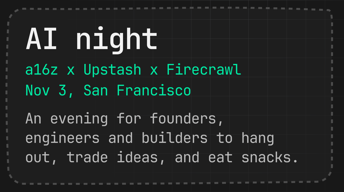 upstash's tweet image. We're hosting an AI night with a16z x Upstash x Firecrawl 🎉
Come hang out, talk ideas, meet other builders
👉 Space is limited, register: luma.com/3laost30
