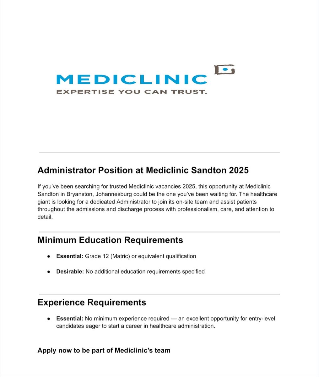 Apply for Mediclinic vacancies 2025.

✅Administrator 

Salary: R15,000 - R18,000 per month 

Requirements 
- Grade 12 or equivalent 
- Computer literacy 

Closing Date: 17 October 2025

Apply here: dailyspark.co.za/mediclinic-vac…