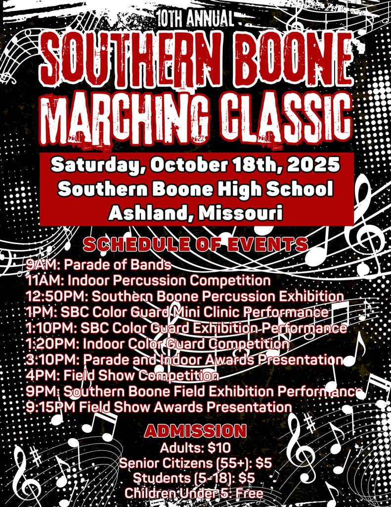 🎺🥁🎷🎶 Join us for the 10th Annual Southern Boone Marching Classic this Saturday at Southern Boone High School! 🎵🎉

🎼 From parades and percussion to color guard and field show competitions, it’s a day packed with music, marching and school spirit!