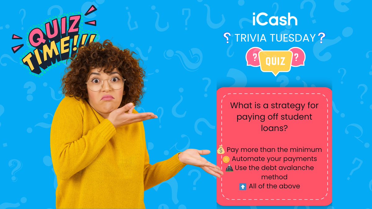 ❓TRIVIA TUESDAY❓ 
#entertowin iCash Pop Quiz! 1 randomly chosen winner will win a $25 PC e-gift card.
Q: What is a strategy for paying off student loans?
💰 Pay more than the minimum
🪙 Automate your payments
🏔️ Use the debt avalanche method
⬆️ All of the above
Legal in bio
