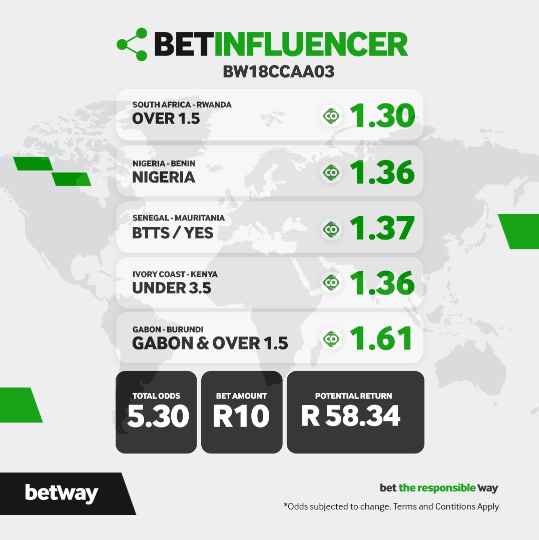 Betway_za's tweet image. 🎯 Betinfluencer Picks Are In!

 Check out this 🔥 multi-bet slip with a total odd of 5.30

⚽ Top Picks:

🇿🇦 South Africa vs Rwanda – Over 1.5 @1.30
🇳🇬 Nigeria vs Benin – Nigeria to Win @1.36
🇸🇳 Senegal vs Mauritania – BTTS / Yes @1.37
🇨🇮 Ivory Coast vs Kenya – Under 3.5 @1.36…