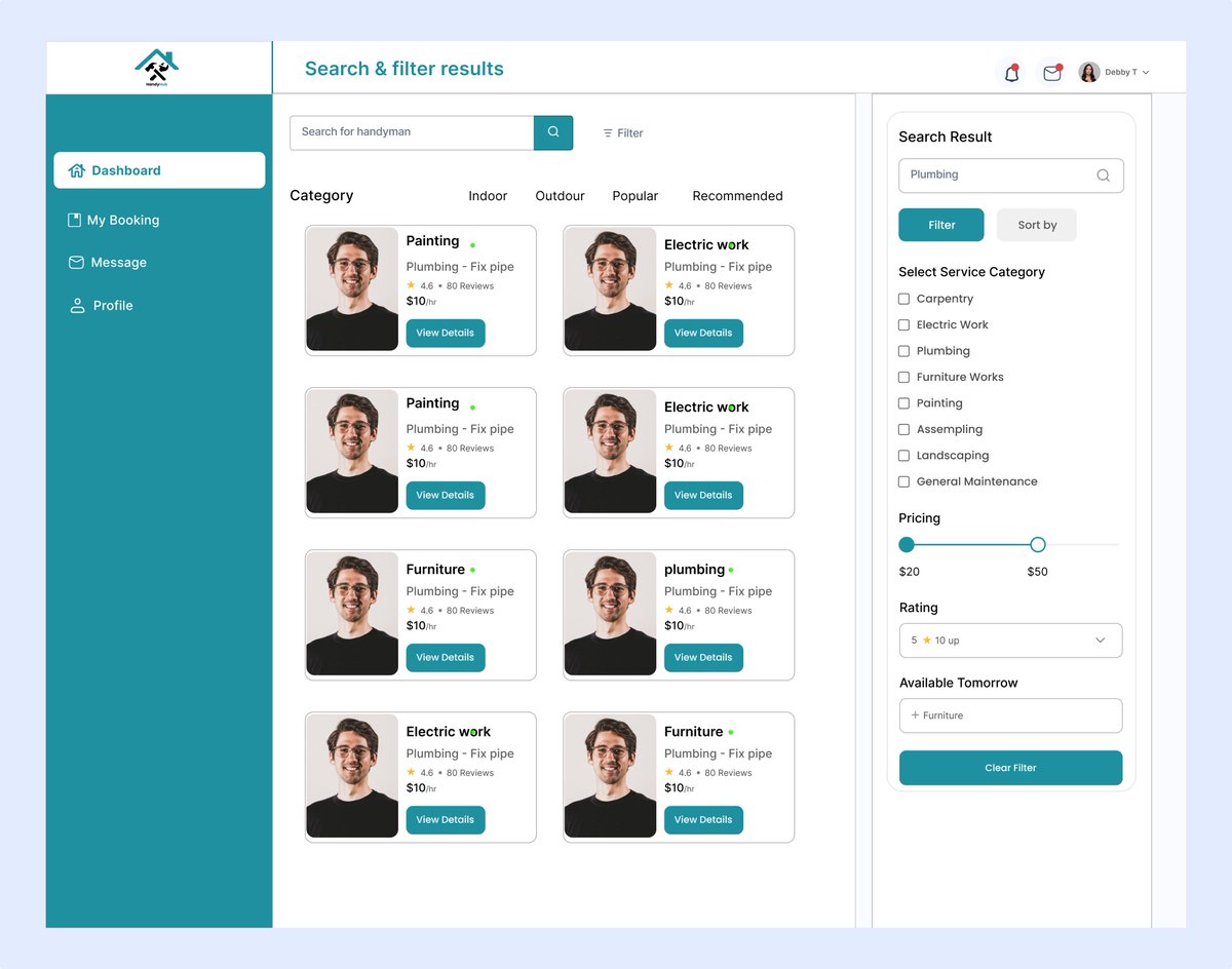 nafeesah8855472's tweet image. Just finished designing the Search & Filter Results screen for a handyman services platform.
Here users can easily find and compare skilled workers by service type, rating, and pricing all in a clean, simple layout.=
#UIDesign #UXDesign #DashboardDesign #ProductDesign