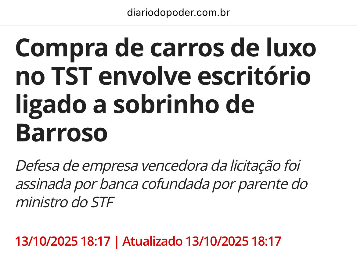 A Kurumá Veículos vendeu 30 veículos de luxo, modelo Lexus ES 300H por + de R$ 10 milhões, para uso dos ministros do Tribunal Superior do Trabalho (TST). 

E o brasileiro só se f***