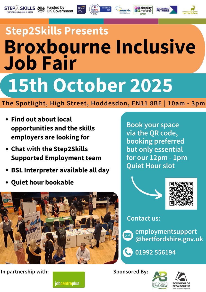 📣 We’re excited to be exhibiting at the Broxbourne Inclusive Job Fair tomorrow!

📅 Wed, 15 Oct | 10:00 AM
📍 The Spotlight Theatre, Hoddesdon

Come say hello and learn more about who we are and what we do!

Event details 👉 events.hertfordshire.gov.uk/step2skills/br…

#BroxbourneJobFair