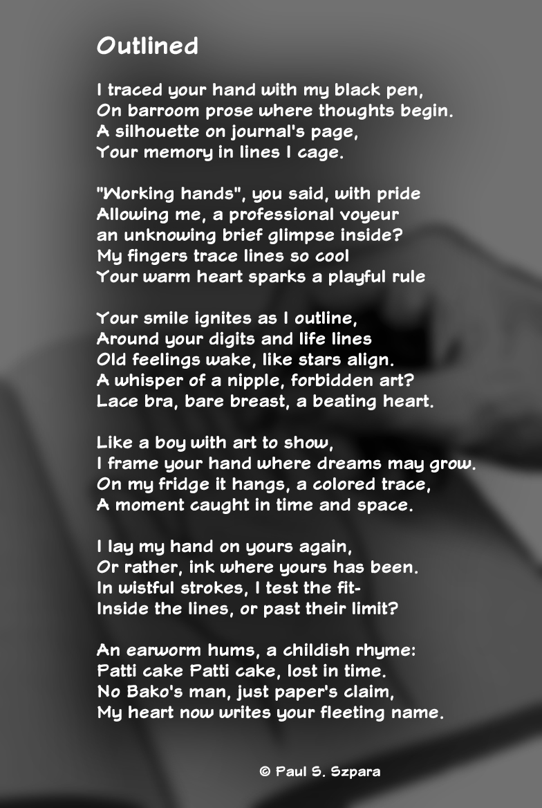 "Outlined" - A flirty pub encounter captured in ink and heart. #Poetry #Flirtation #RomanticVerse #HandTracing #PubVibes #LovePoems #InkAndHeart