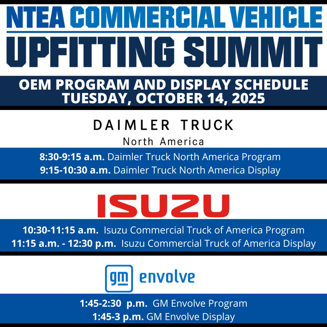 nteanews's tweet image. Today’s #UpfittingSummit OEM lineup features @DaimlerTruckNA, @IsuzuTruckUS , and @GMEnvolve  — bringing together the vehicle upfitter community with chassis manufacturer technical + engineering experts. Learn more: ntea.com/upfittingsummit
#CommercialVehicles #Upfitting