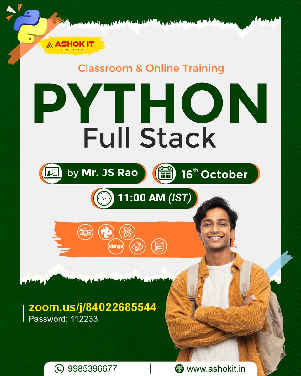 ashokitschool's tweet image. 🐍 PYTHON FULL STACK – CLASSROOM & ONLINE TRAINING 🚀
📲 Register Now: tr.ee/MtRMK
👨🏫 Trainer: Mr. JS Rao
📅 Date: 16th October
🕚 Time: 11:00 AM (IST)
🏫 Mode: Classroom & Online
#PythonFullStack #PythonDeveloper #Django #ReactJS #WebDevelopment #AshokIT
