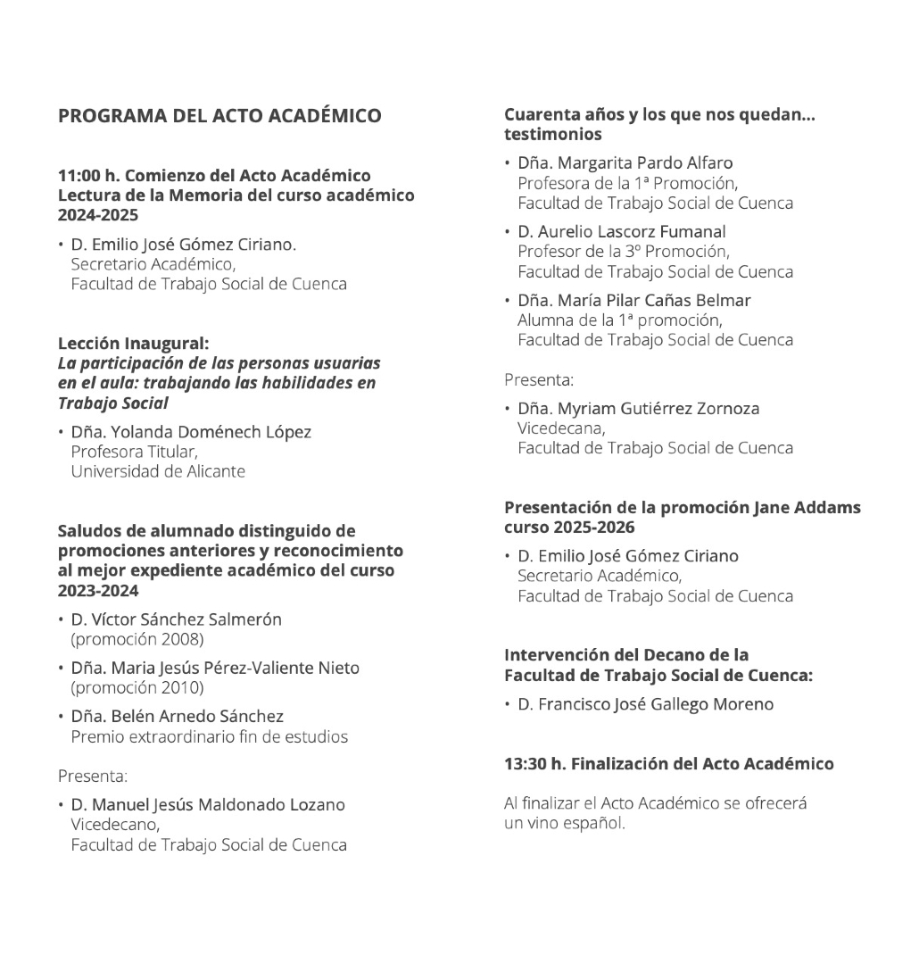 El próximo martes 21 de octubre tendrá lugar el acto de apertura del curso académico de nuestra Facultad de #TrabajoSocial de #Cuenca.
Compartimos el programa del evento.
¡Te esperamos en el Salón de actos de la Facultad!😉