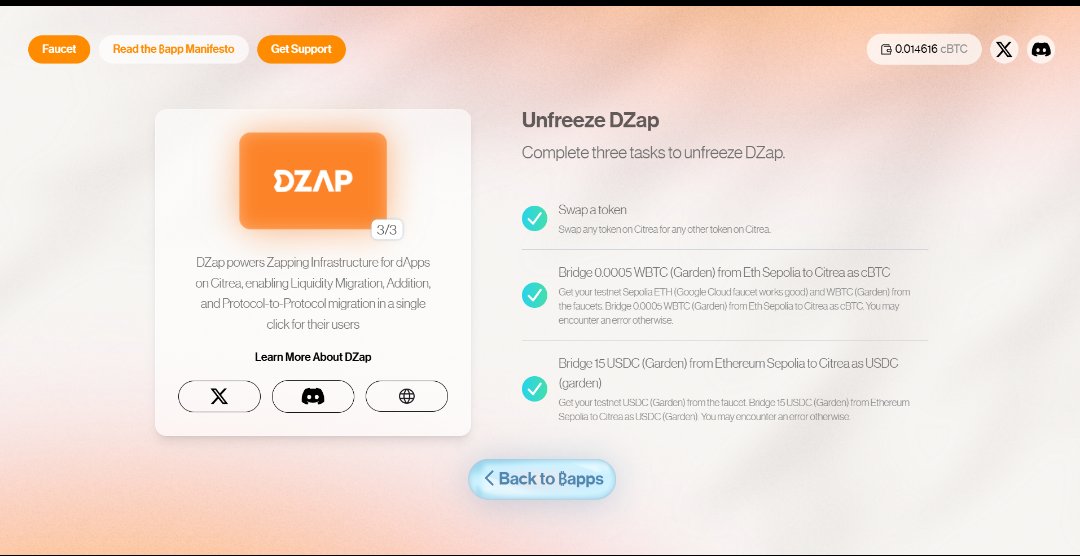 PhilipsAdeseun's tweet photo. 1/5 Day 8 of talking about @citrea_xyz
CM y'all, let's take a look at DZap ₿app
To unlock DZap quest:
1. Swap any token on Citrea.
2. Bridge 0.0005 WBTC (Garden) ETH Sepolia→Citrea cBTC.
3. Bridge 15 USDC (Garden) ETH Sepolia→Citrea USDC.
Steps below @rollie1212 #DZap https://t.co/BVASUrUTw2