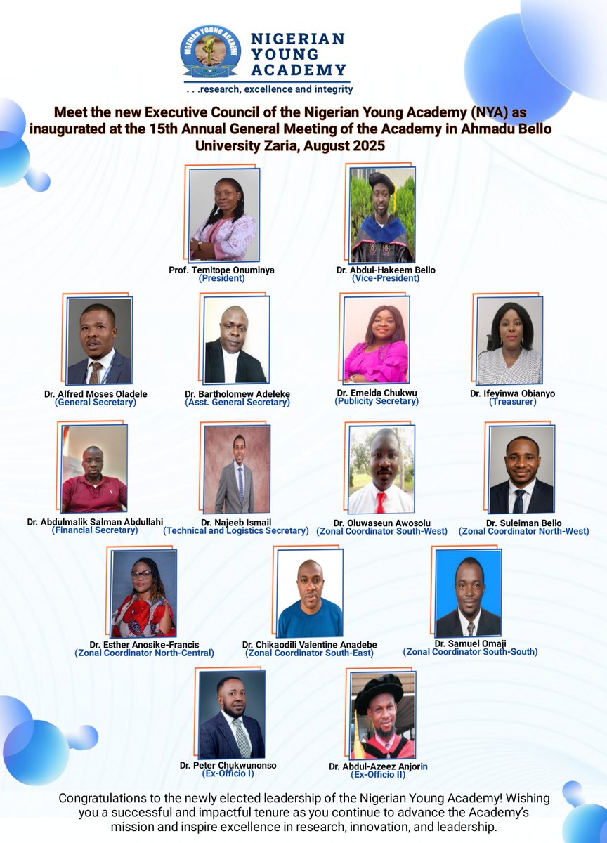 contactNYA's tweet image. Announcing the New NYA Leadership! 🎉
 
We’re delighted to welcome the newly elected Executive Council of the Nigerian Young Academy (NYA). 
Here’s to a tenure filled with service, innovation, and meaningful impact! 

Congratulations to the entire team. ✨