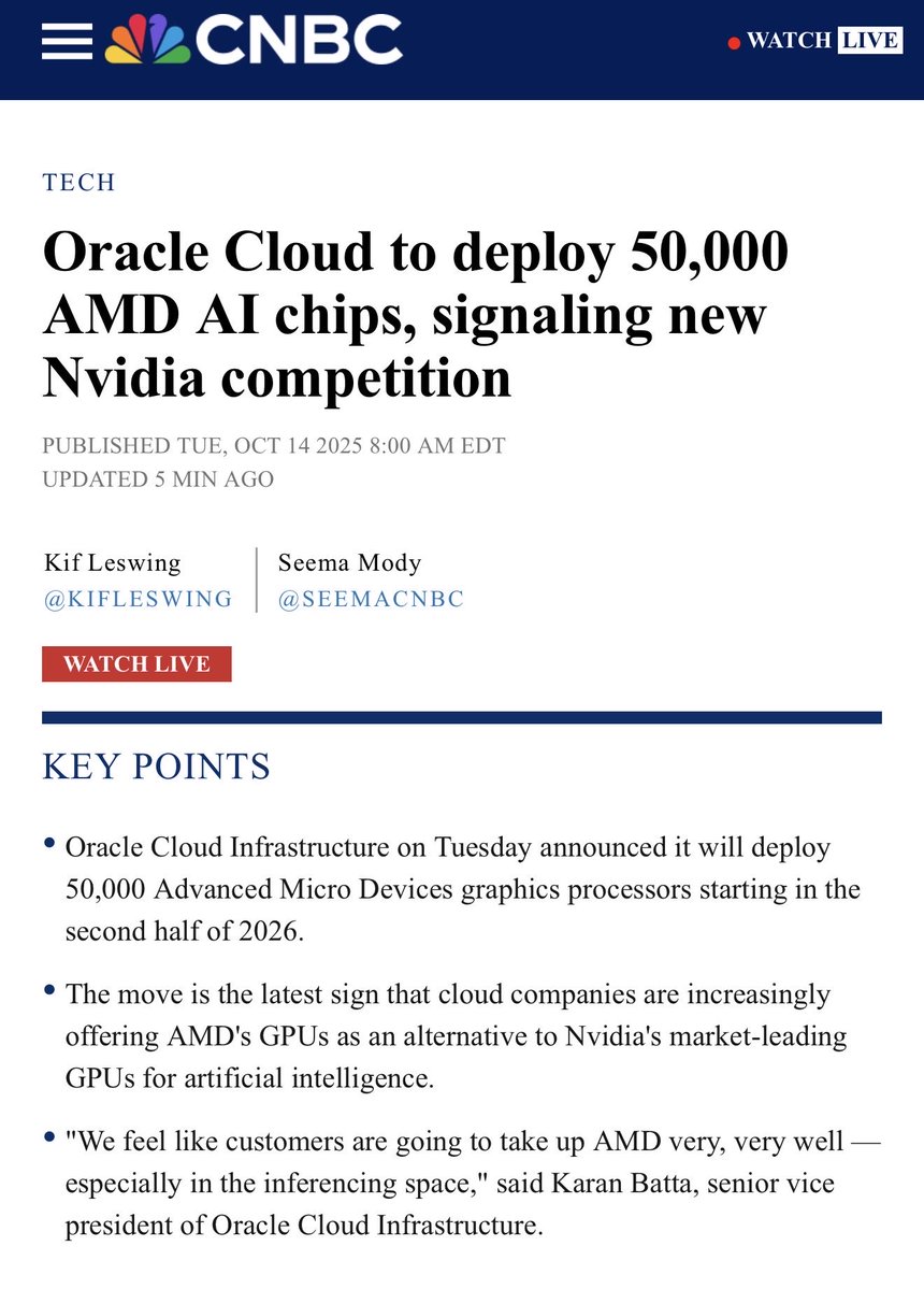 PatrickMoorhead's tweet image. Oracle just committed to 50K $AMD MI450 GPUs for OCI starting in 2026.
Add this to AMD’s new multi-year 6 GW OpenAI deal, and it’s clear AMD is on a run.
$ORCL gets supply diversity; AMD gets validation from both a hyperscaler and a top AI lab.
Execution is key.
Is AWS…