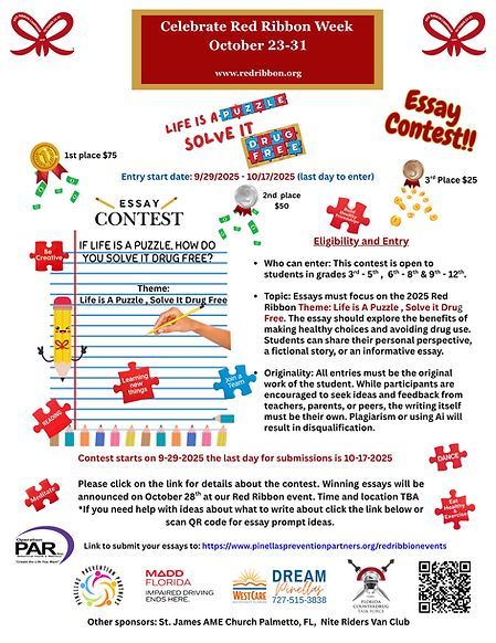 CHALK ART CONTEST AND ESSAY CONTEST to celebrate Red Ribbon Week. See details below. Submit your chalk art photos and essays here: buff.ly/MfK15Yj See attached flyers for details. Submissions are due October 17, 2025.