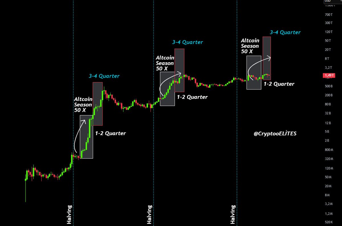 Halving Cycles and Altcoin Seasons — The 4-Year Rhythm

Every Bitcoin halving follows the same pattern:

1–2 Quarters: Accumulation &amp; Slow Growth

3–4 Quarters: Explosive Altcoin Season 
In 2017, 2021, and now 2025, the setup repeats.
Altcoins have historically delivered up to