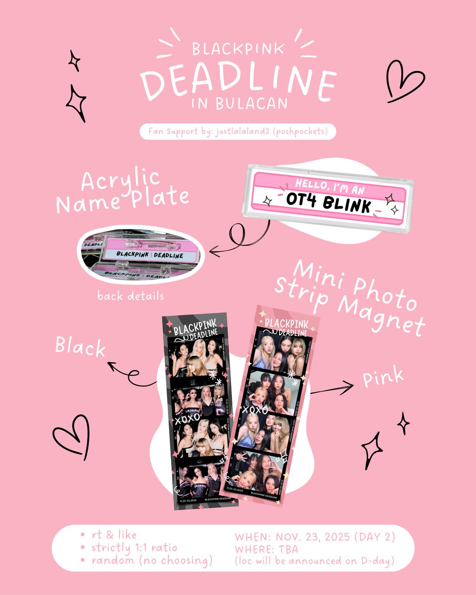 justlalaland2's tweet photo. 🖤FREEBIES ALERT🩷

Here are the details for our BLACKPINK DEADLINE IN BULACAN giveaway!

🖤ACRYLIC NAME PLATE
🩷MINI PHOTO STRIP MAGNET

- rt &amp; like
- strictly 1:1 ratio (limited quantity)
- random (no choosing)
- Day 2 only

#BLACKPINK
#DEADLINE_IN_BULACAN 
#BLACKPINK_DEADLINE https://t.co/Q1K7NzbG8B