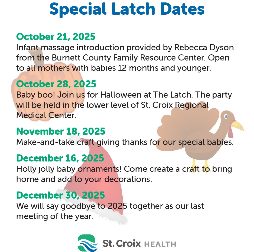 SaintCroixHlth's tweet image. The Latch has some special events coming up! Now that the weather has gotten a little chillier, The Latch will be meeting in the lower level of the St. Croix  Regional Medical Center in St. Croix Falls. Learn more about The Latch here: ow.ly/qxsQ50X8MCv

#SupportForMoms