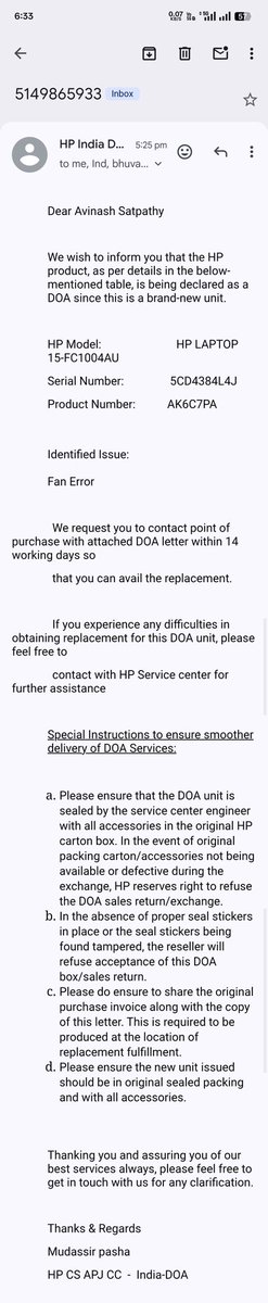 KumarAvinash29's tweet photo. My Flipkart order is still waiting for Technician visit whereas the technician has already visited my place and provided me the DOA letter for the replacement of my Laptop. My order number for the product is OD335565293645214100. Such a fraud company. @flipkartsupport @Flipkart https://t.co/4wjzZsCXxT