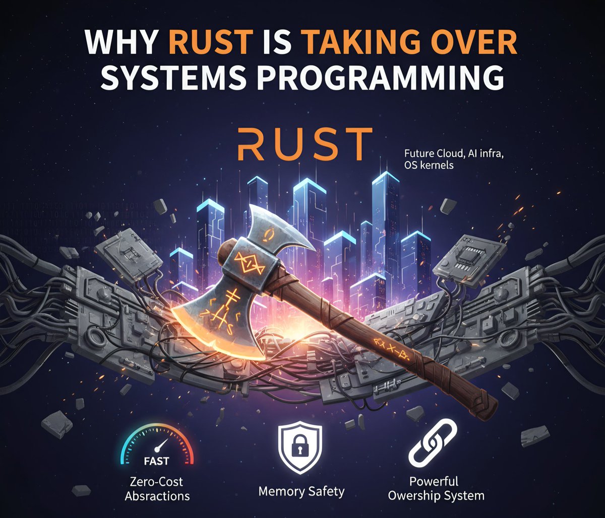 Why Rust is Taking Over Systems Programming?

1. C and C++ ruled performance for 40 years. Then came Rust — safe, fast, and fearless.

2. What makes Rust different? • Memory safety without garbage collector
• Zero-cost abstractions
• Powerful ownership system

3. Performance